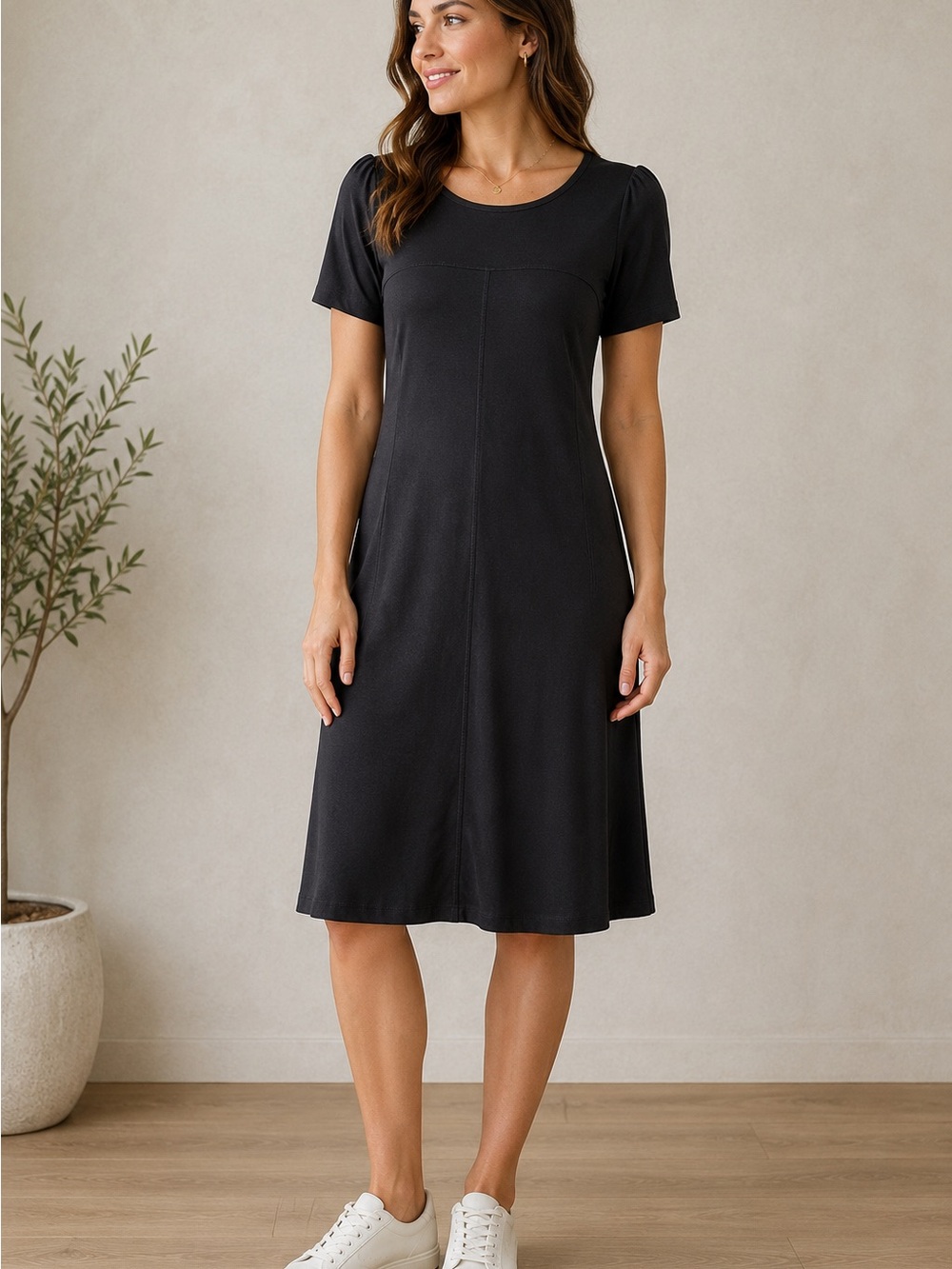 NWT Chico’s Lauren Black Midi Dress Size 2 A-Line Short Sleeve Stretch